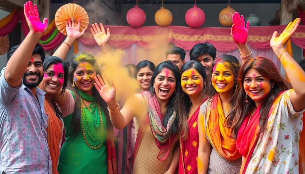 Generate an image of Holi celebrations, with people playing with colors.