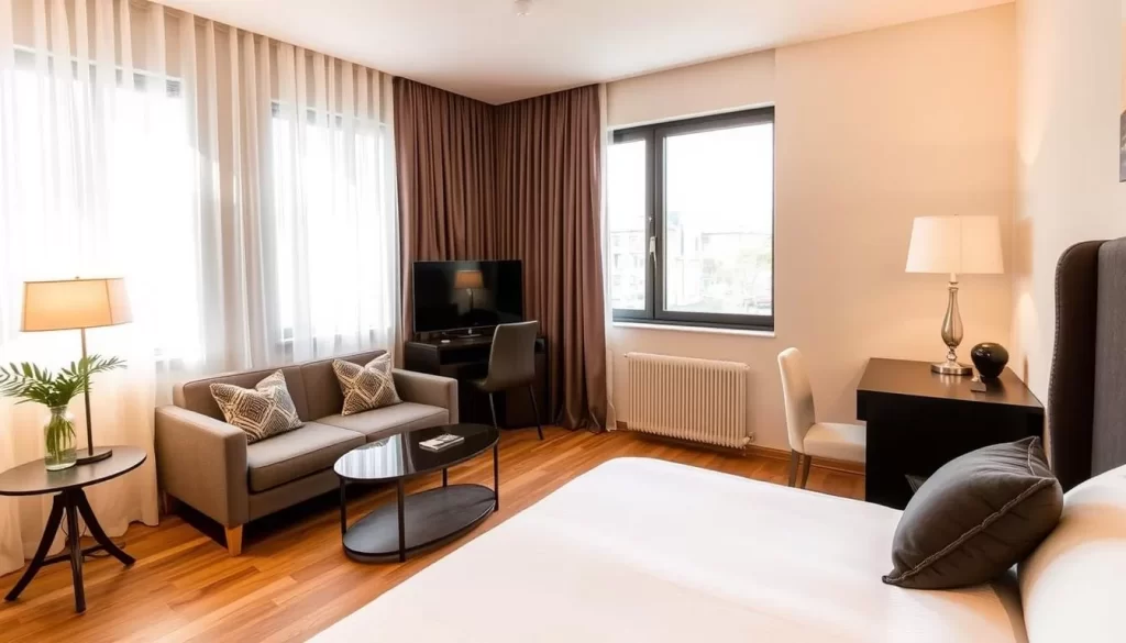 Generate an image of Hotel Kopernik's modern and cozy room.