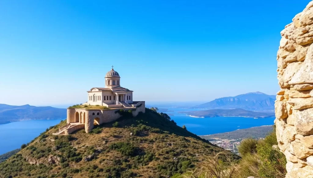 Generate an image of Hristos Hill on Kinaliada Island, featuring its historical monastery and panoramic views.