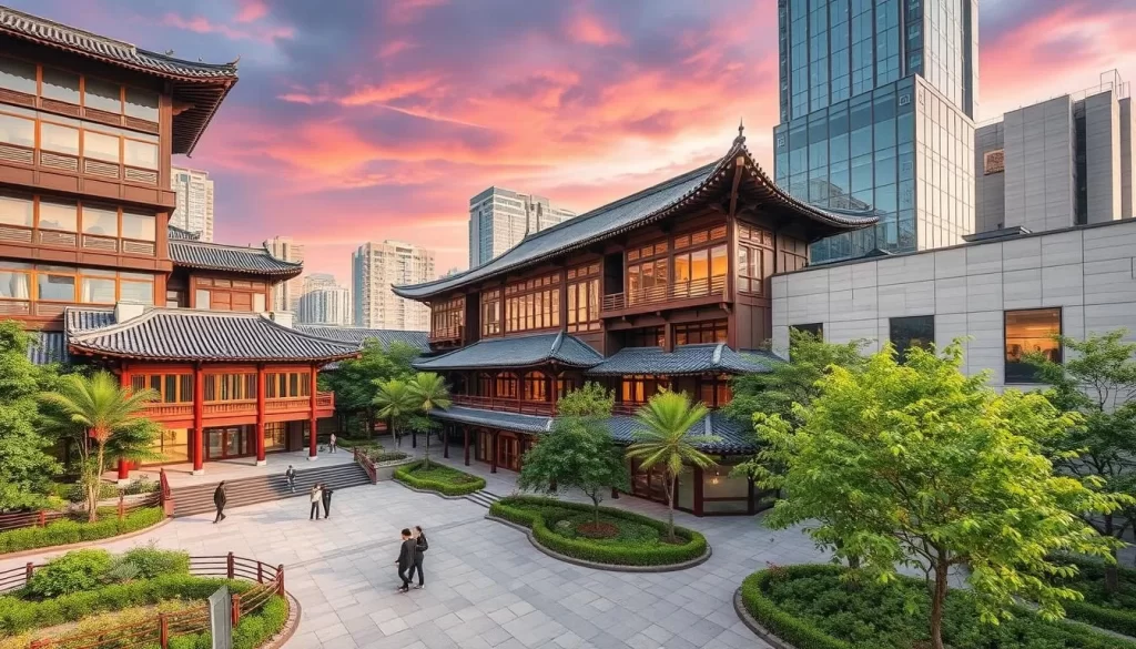 Generate an image of Hsinchu Science Park with a blend of traditional and modern elements