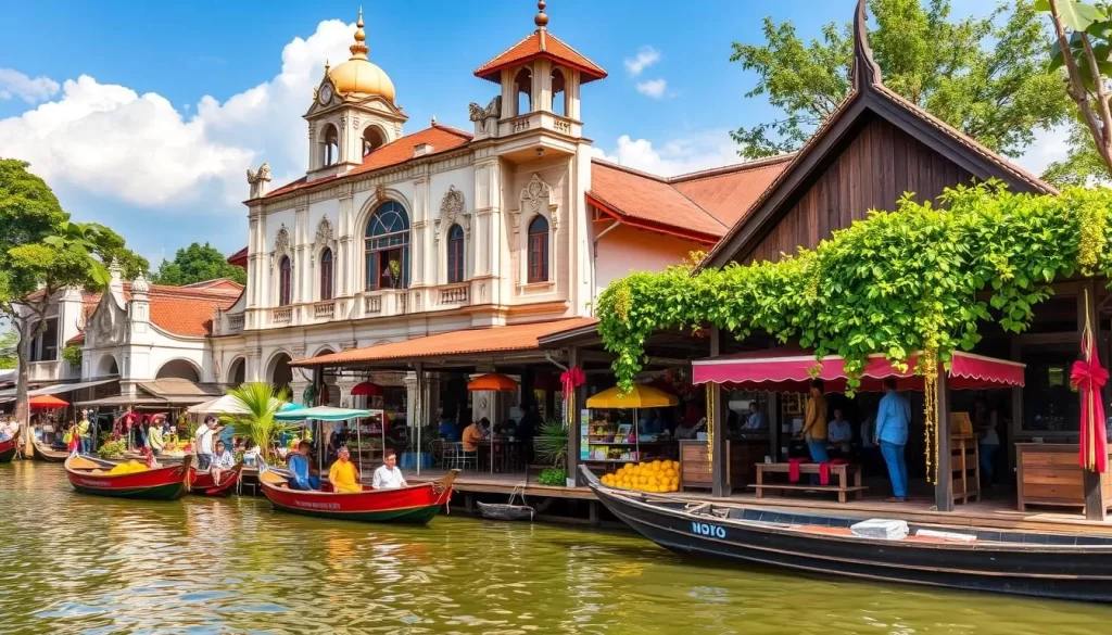 Generate an image of Hua Hin Floating Market, highlighting its colonial-style architecture and picturesque surroundings.