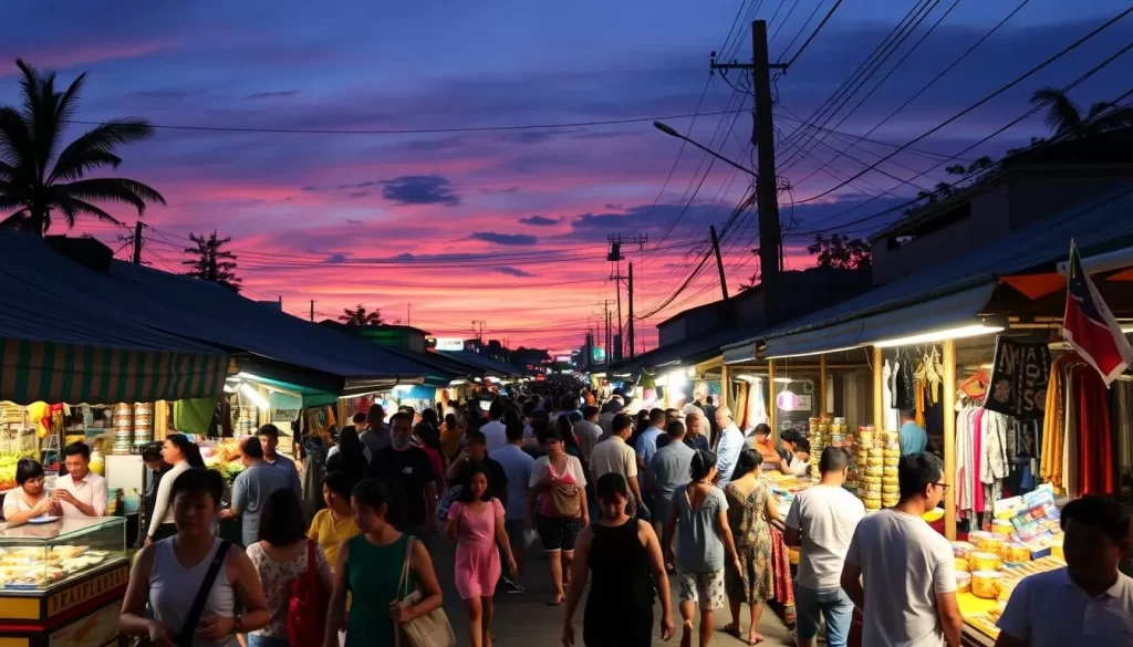 Generate an image of Hua Hin Night Market at dusk, with vibrant street food stalls and shoppers browsing through souvenirs.