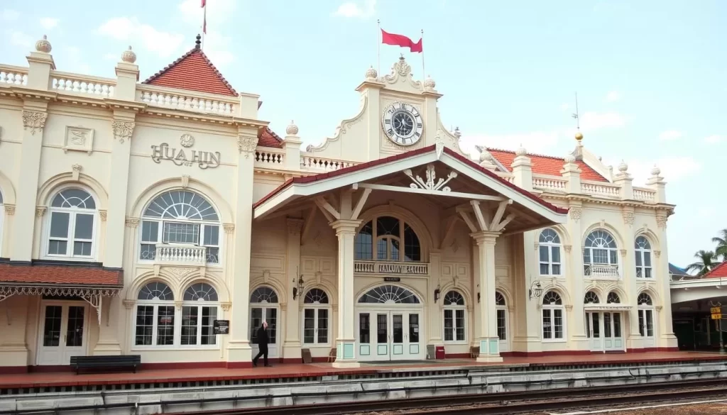 Generate an image of Hua Hin Railway Station, showcasing its Victorian-inspired architecture and royal waiting room.