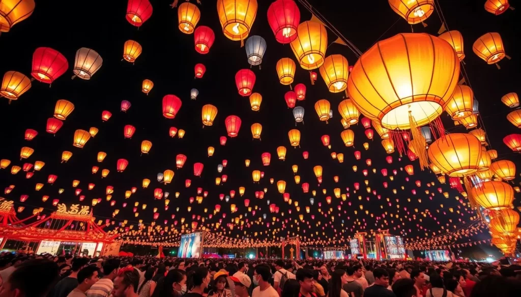 Generate an image of Hualien's Lantern Festival night sky filled with colorful lanterns and people celebrating.