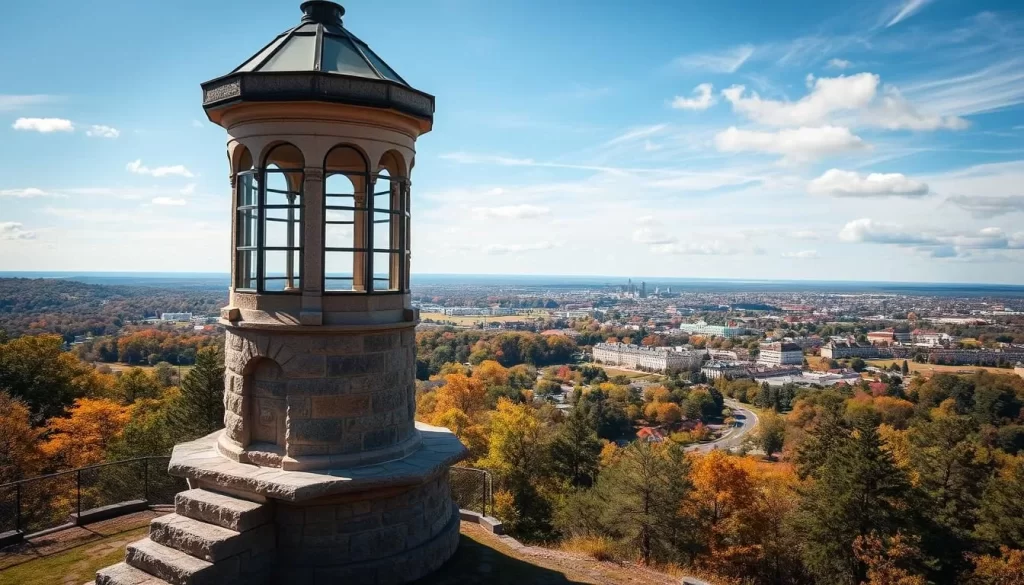 Generate an image of Hubbard Park's stone observation tower with a panoramic view of Montpelier