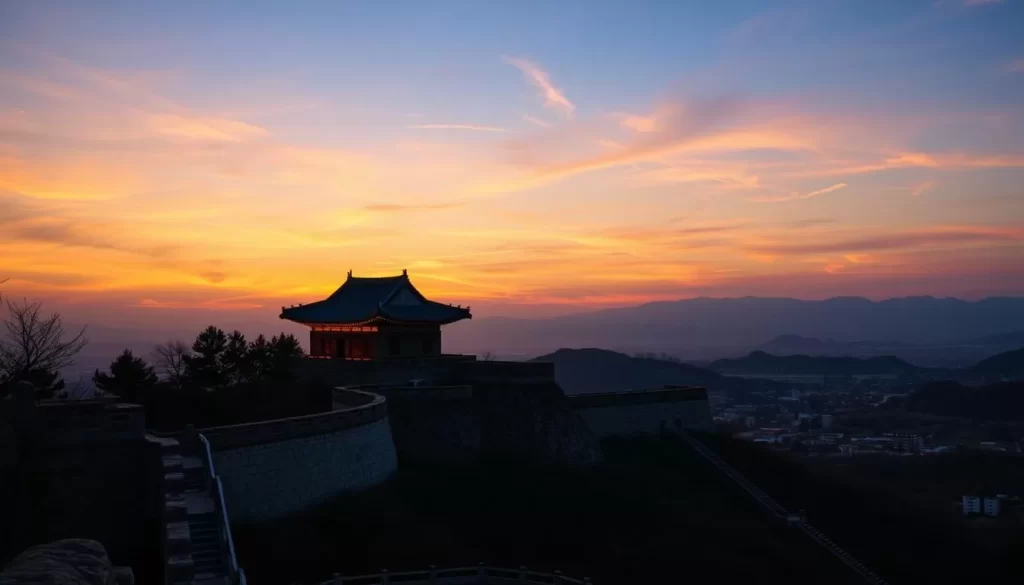 Generate an image of Hwaseong Fortress at sunset