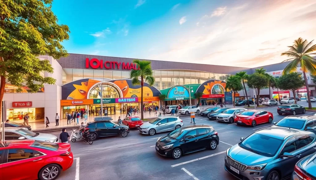 Generate an image of IOI City Mall's exterior with a bustling crowd and a variety of cars in the parking lot.