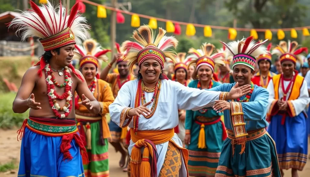Generate an image of Idu Mishmi tribe members celebrating Reh Festival with traditional dances and attire.