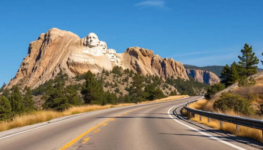 Generate an image of Iron Mountain Road with a view of Mount Rushmore