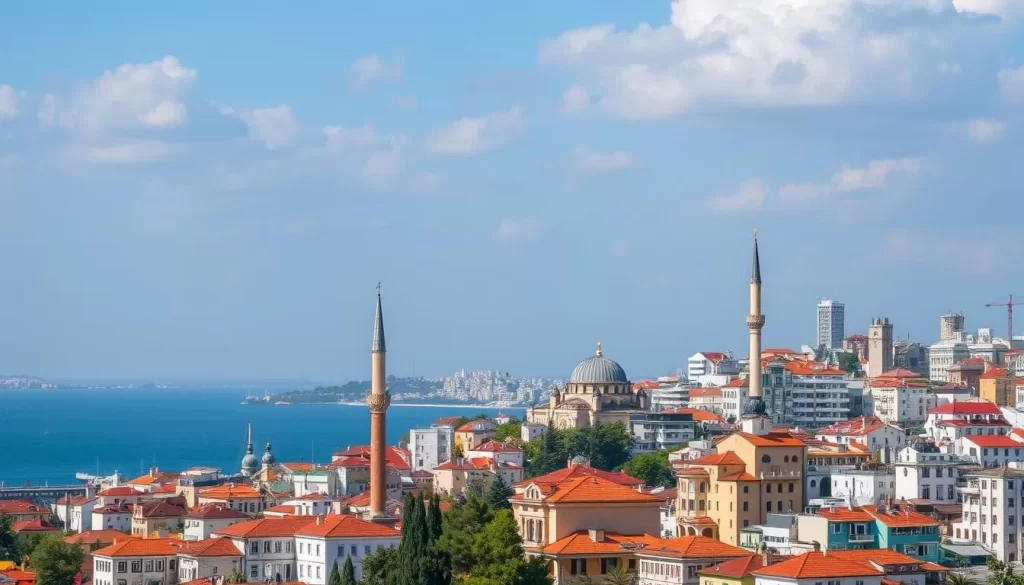 Generate an image of Izmir's cityscape with its historical and modern architecture.