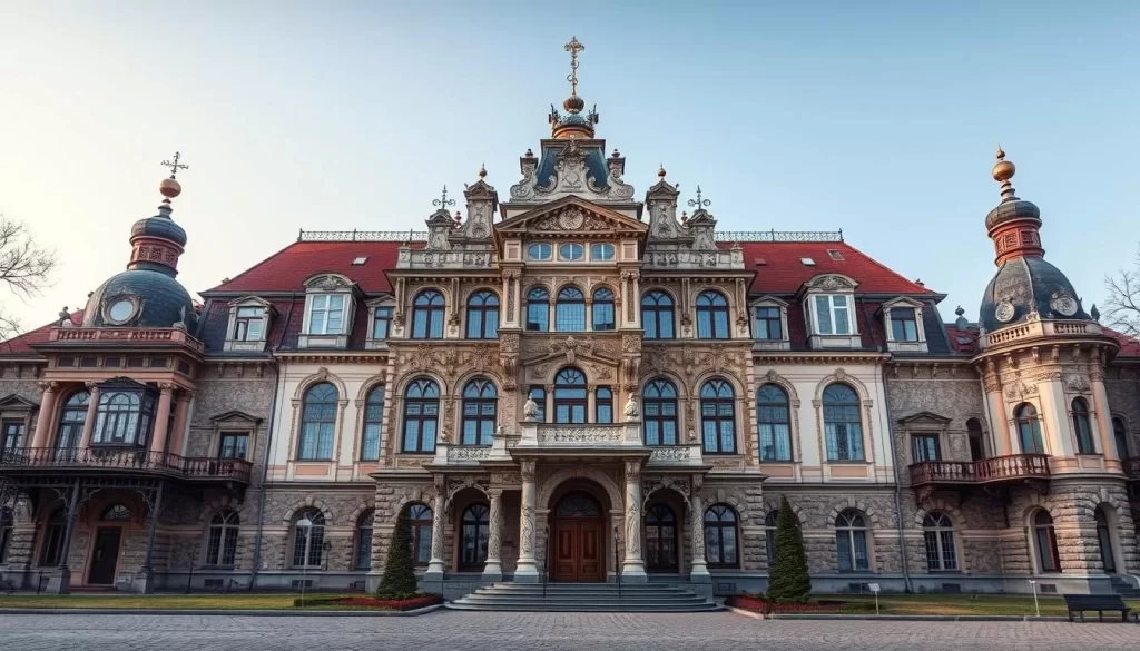 Generate an image of Izrael Poznański's Palace, showcasing its eclectic architectural styles.