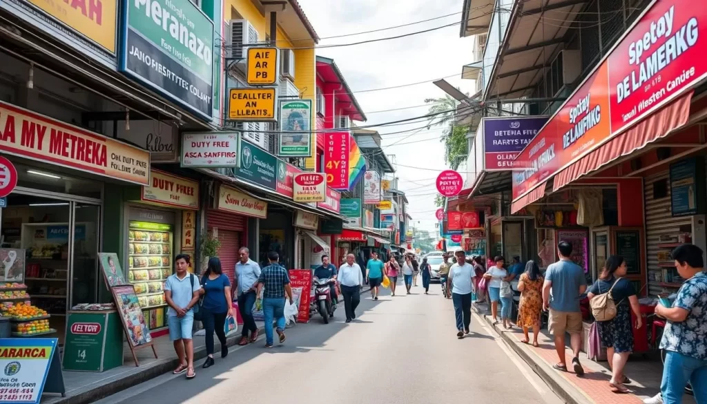Generate an image of Jalan Merdeka street in Labuan, showcasing various duty-free shops.