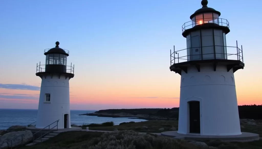 Generate an image of Jamestown's lighthouses along the coastline