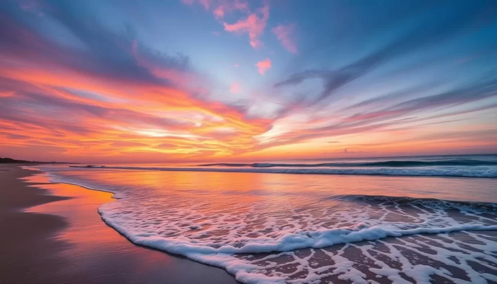 Generate an image of Jampore Beach with a serene sunset background