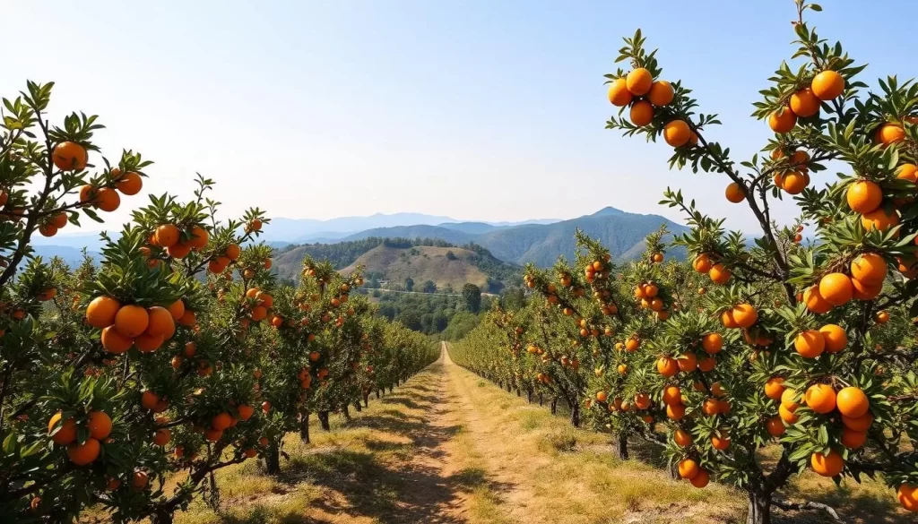 Generate an image of Jampui Hills with orange orchards in full bloom.