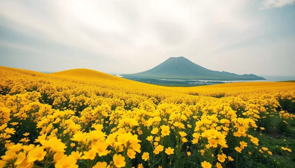 Generate an image of Jeju Island covered in vibrant yellow canola flowers during the festival.