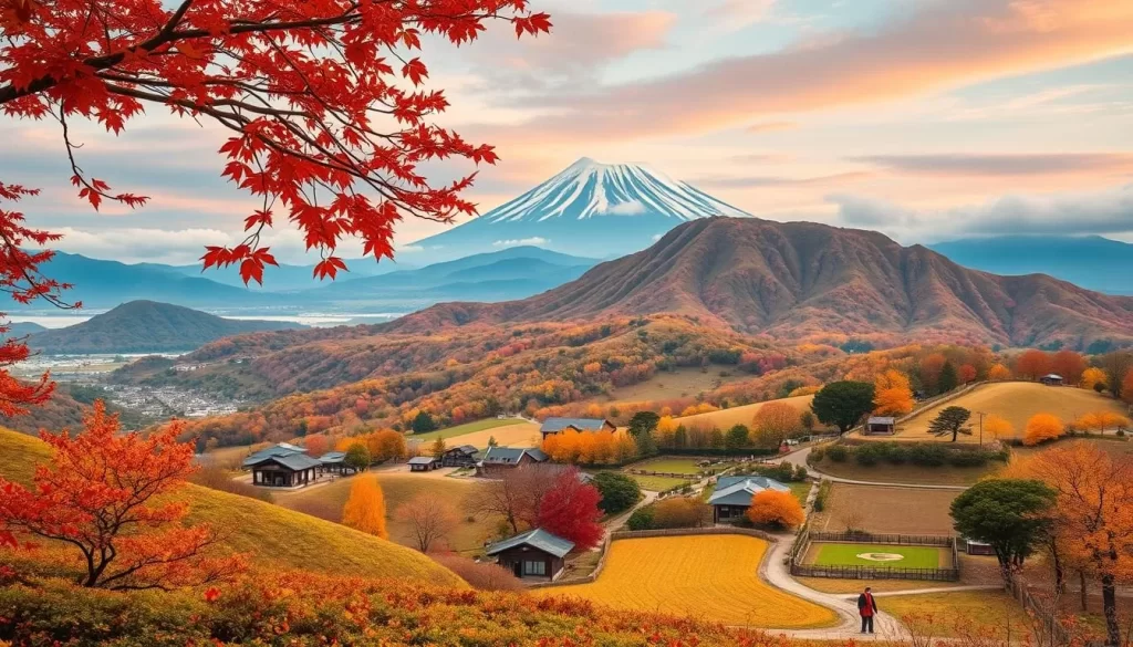 Generate an image of Jeju Island during autumn, with vibrant foliage and harvest scenes.