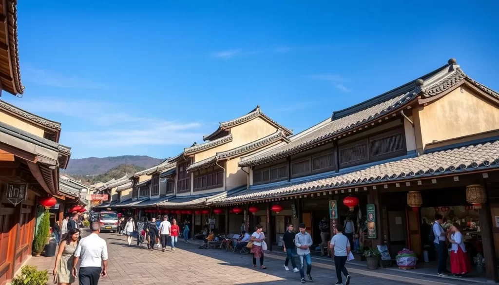 Generate an image of Jeonju Hanok Village, showcasing its traditional Korean architecture and bustling streets.