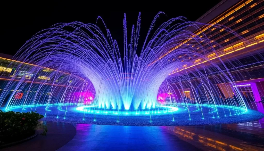 Generate an image of Jewel Changi Airport's Rain Vortex at night with the light and sound show in full effect.