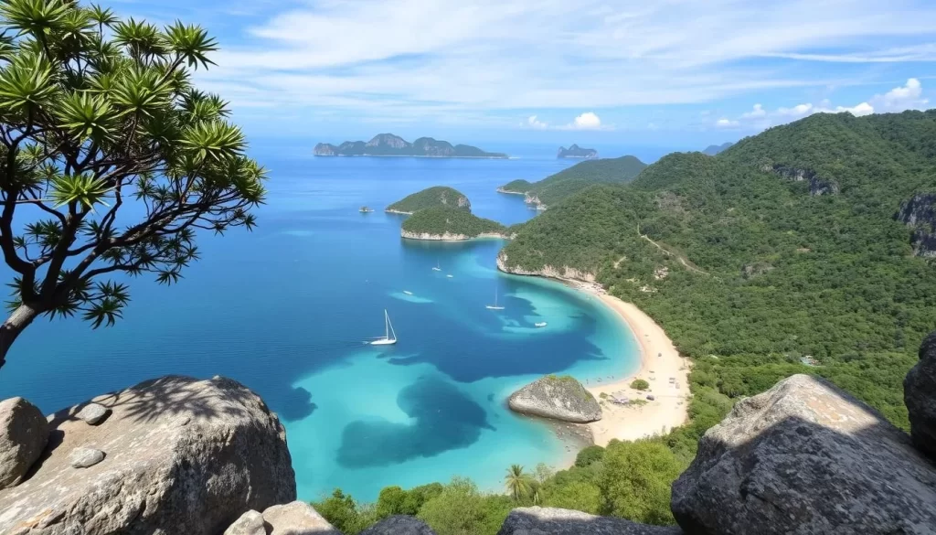 Generate an image of John Suwan Viewpoint on Koh Tao, showcasing its 180-degree views of Chalok Baan Kao Bay and Shark Bay.