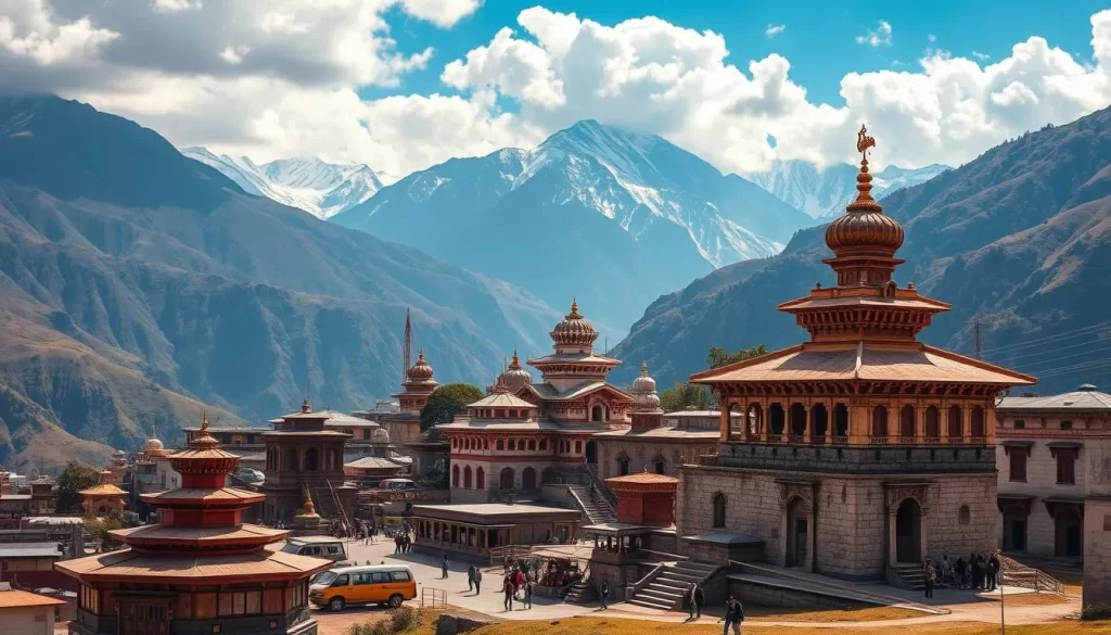 Generate an image of Joshimath town with its ancient temples and surrounding Himalayan landscape.