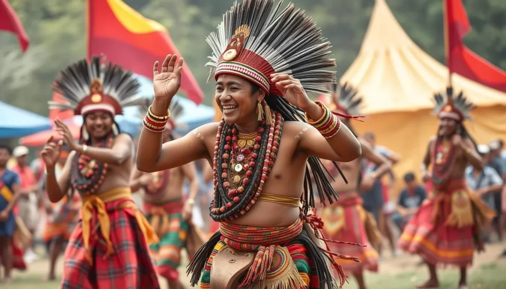 Generate an image of Kabui Naga tribe members celebrating Gang Ngai with traditional dances and music.