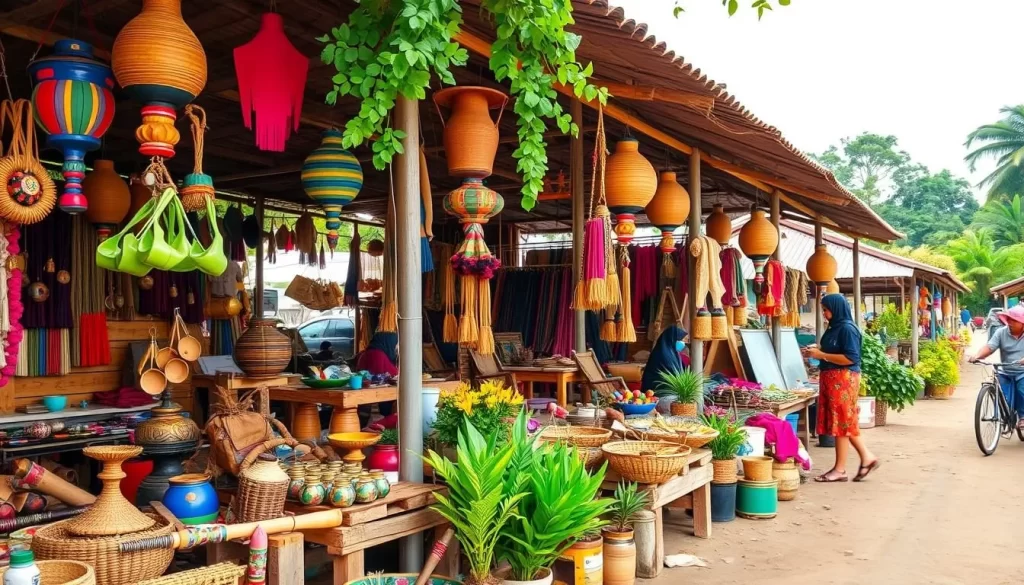 Generate an image of Kampung Kraftangan in Kota Bharu, showcasing traditional Malaysian handicrafts.