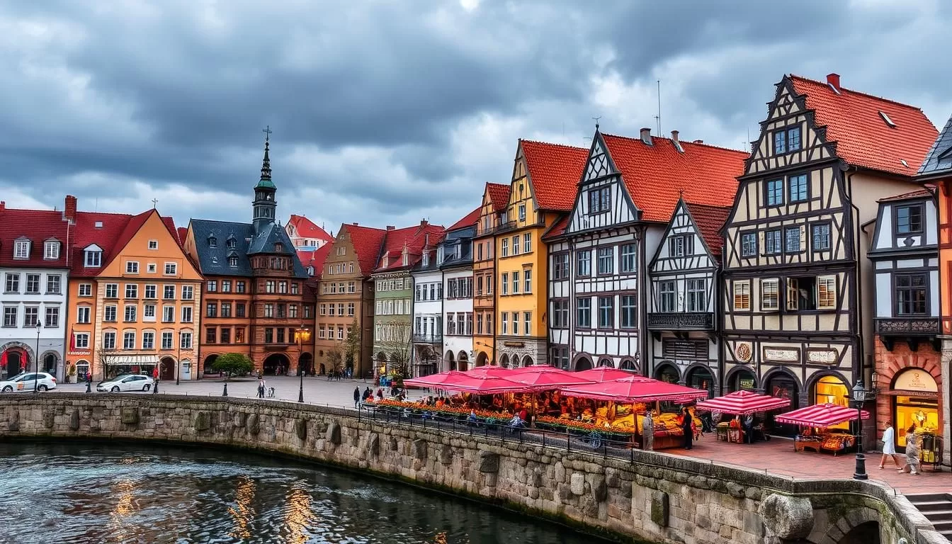 Generate an image of Kazimierz-Dolny, Poland, showcasing its historic Market Square and the Vistula River.