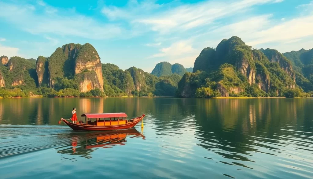 Generate an image of Khao Sok National Park's Cheow Larn Lake with limestone karsts and a long-tail boat.