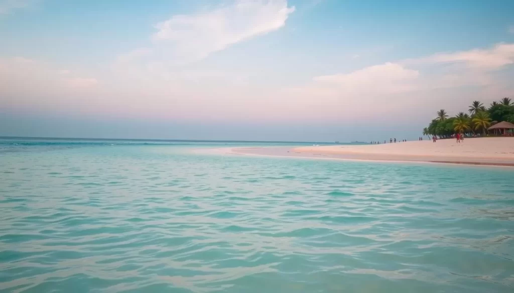 Generate an image of Kigamboni Beach, highlighting its peaceful atmosphere, cleaner waters, and less crowded environment.