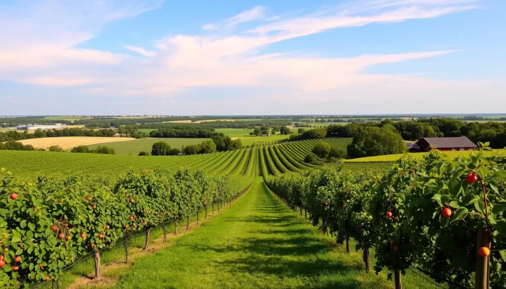 Generate an image of Kimmel Orchard and Vineyard in Nebraska City, showcasing its vineyards and orchards. Generate an image of Kimmel Orchard and Vineyard in Nebraska City, showcasing its vineyards and orchards.