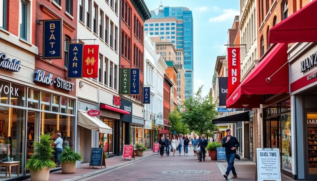 Generate an image of King Street, lined with a mix of boutique shops, popular brand names, and high-end luxury shops.