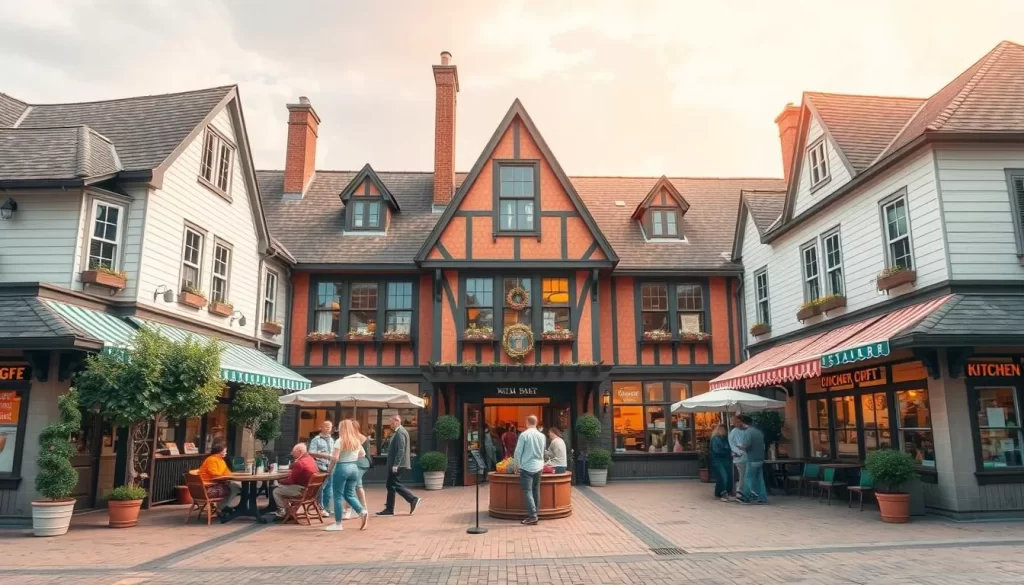 Generate an image of Kitchen Kettle Village's central courtyard, showcasing its quaint shops and restaurants.