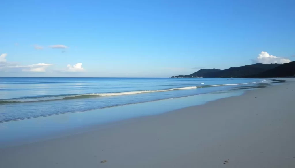 Generate an image of Kitts Hummock Beach with calm waters and a serene atmosphere.
