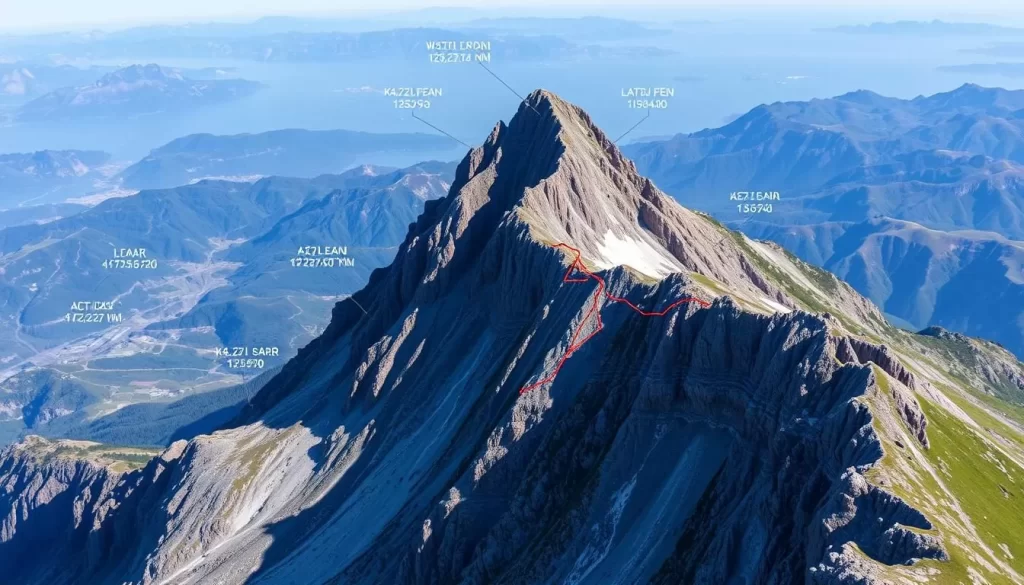 Generate an image of Kızılkaya peak, the highest summit in Aladağlar National Park, showcasing its challenging climbing routes and breathtaking views.
