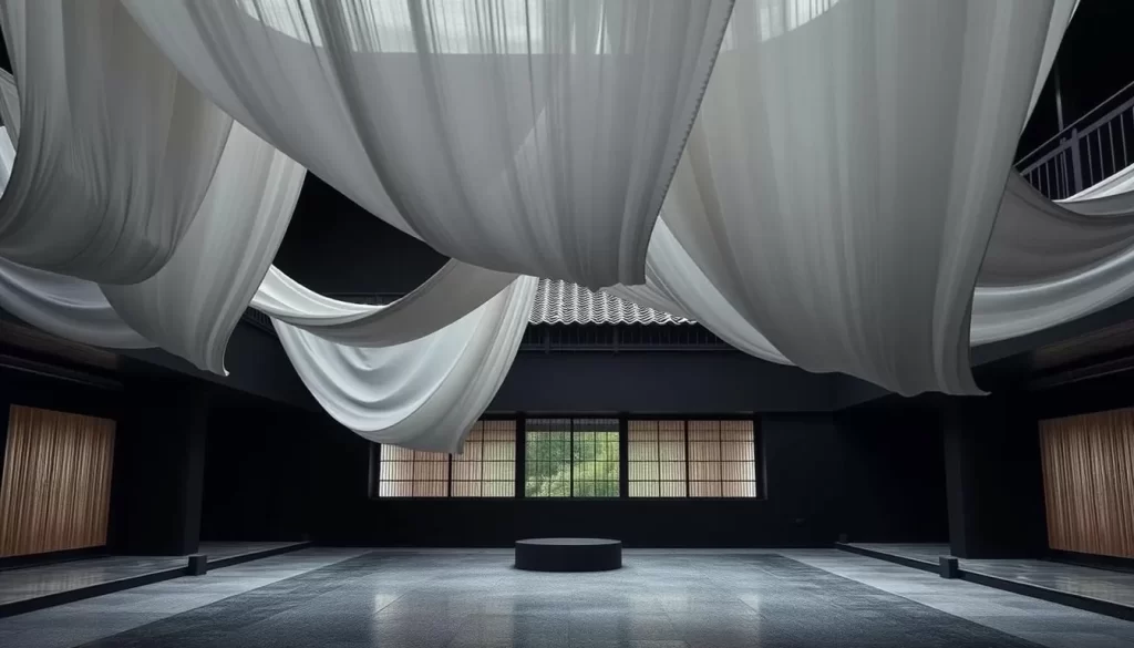 Generate an image of Kodō's central courtyard with jet black walls and billowing fabric hung above.