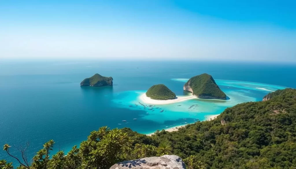 Generate an image of Koh Nang Yuan Viewpoint, showing the iconic postcard view of the three small islands connected by sandbars.