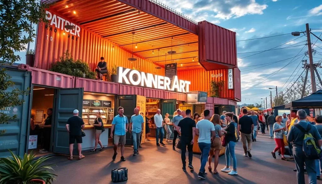 Generate an image of KontenerART, showcasing its unique container structure and vibrant atmosphere.