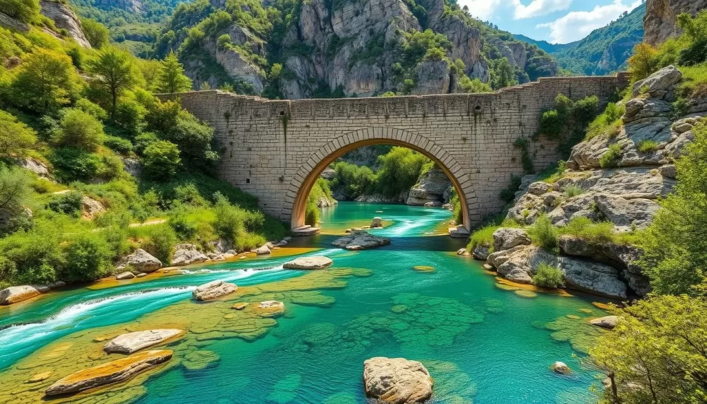 Generate an image of Köprülü Kanyon National Park's scenic landscape with the ancient stone bridge.