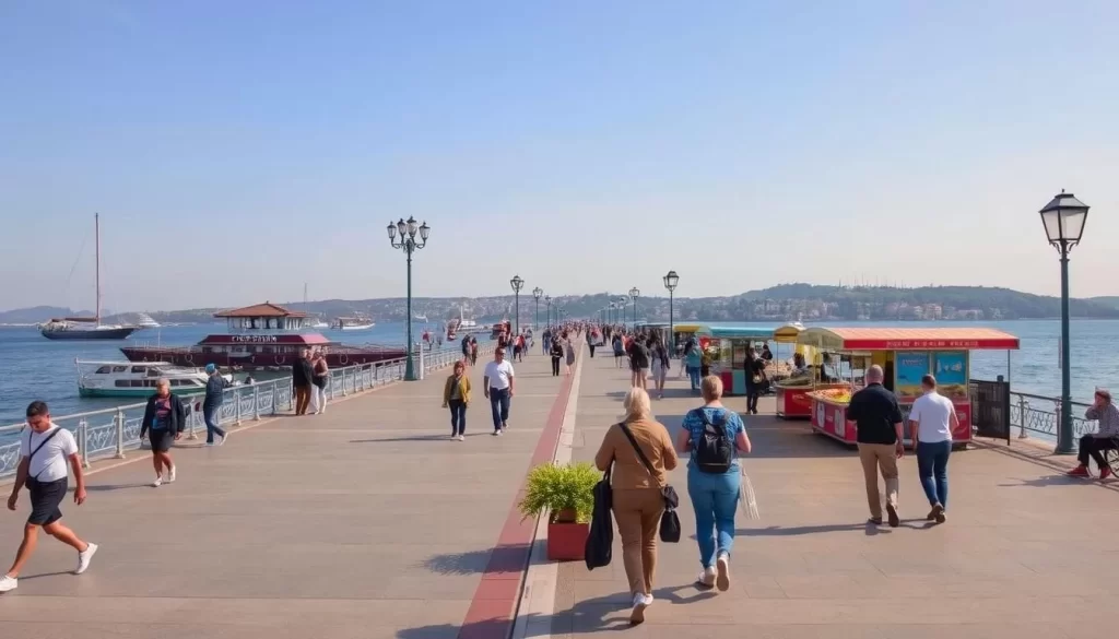 Generate an image of Kordon, Izmir's 1.5km waterfront promenade with people strolling, vendors selling local treats, and stunning views of the Aegean Sea.
