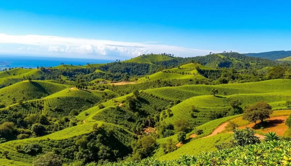 Generate an image of Kpalimé's lush green landscapes surrounded by coffee and cocoa plantations.