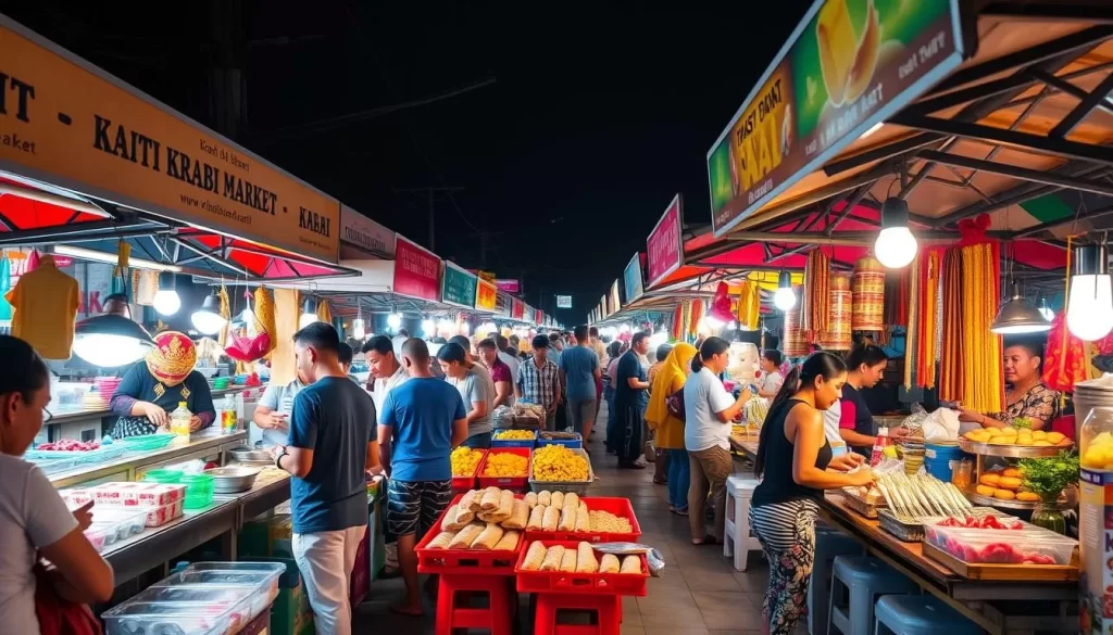 Generate an image of Krabi Night Market with a variety of street food stalls and local delicacies.