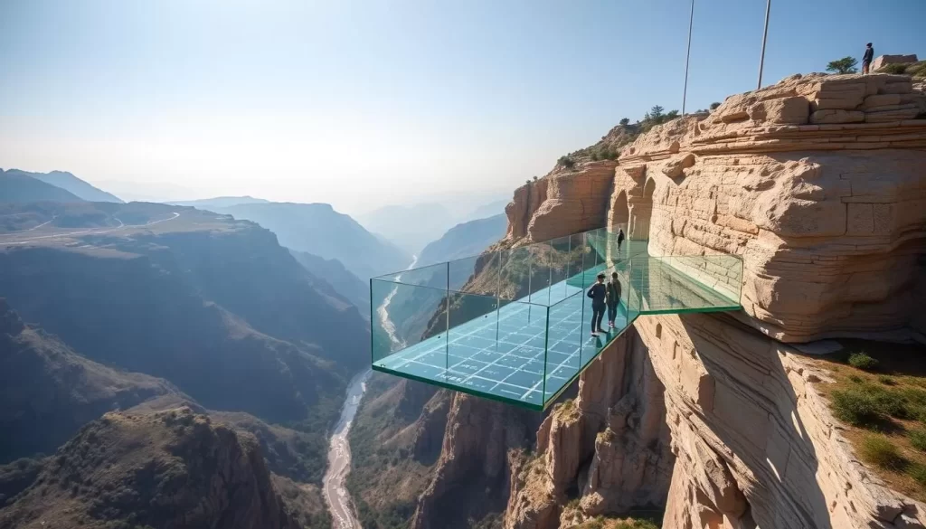 Generate an image of Kristal Teras (Glass Terrace) with a glass viewing platform suspended high above Tokatlı Canyon.