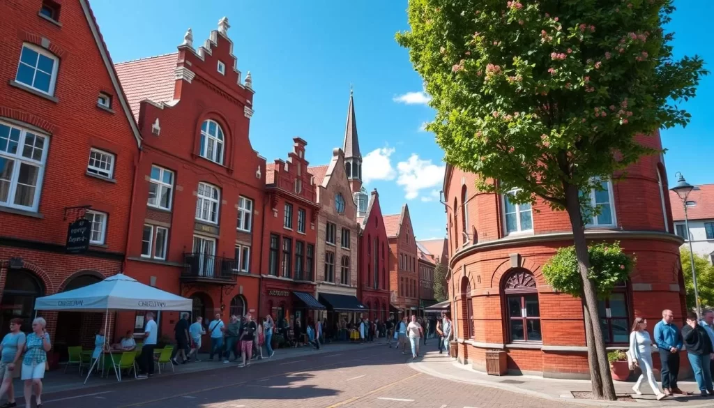 Generate an image of Księży Młyn, showcasing its red brick buildings and vibrant cultural atmosphere.