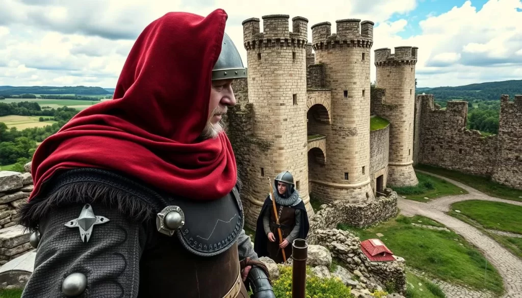Generate an image of Kuenringerburg Castle ruins with a historical reenactment of Richard the Lionheart being held captive.