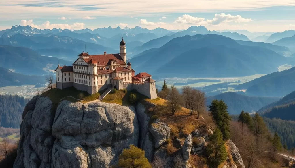 Generate an image of Kufstein Fortress atop a massive rock, with panoramic views of the Alps.