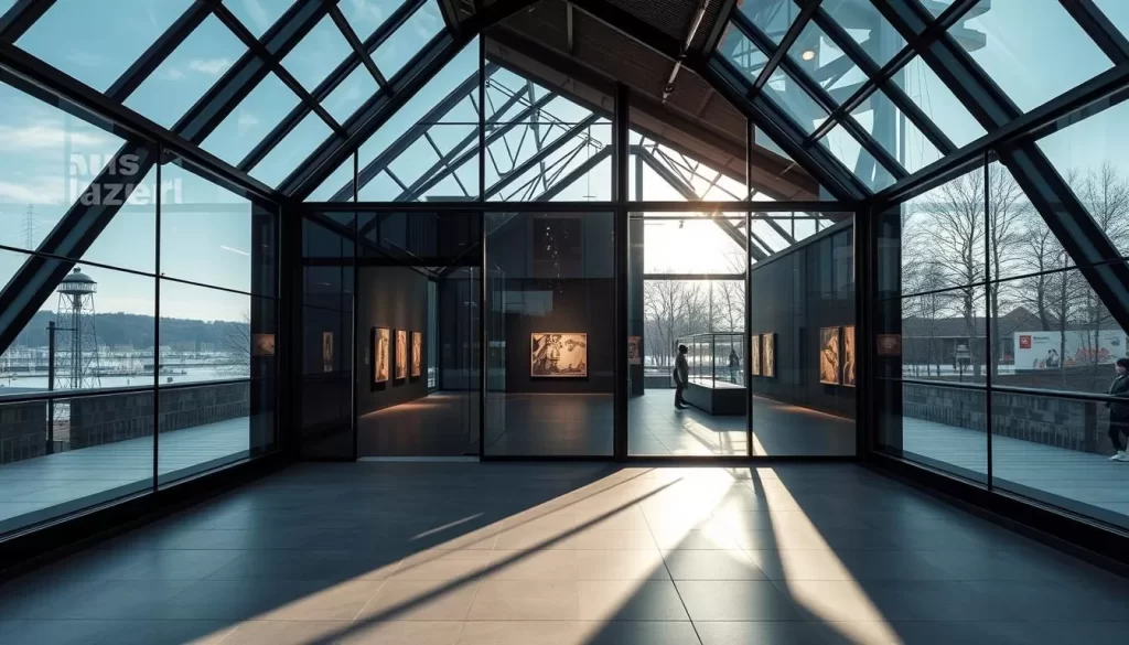 Generate an image of Kunsthaus Bregenz's unique glass architecture and its contemporary art exhibition.