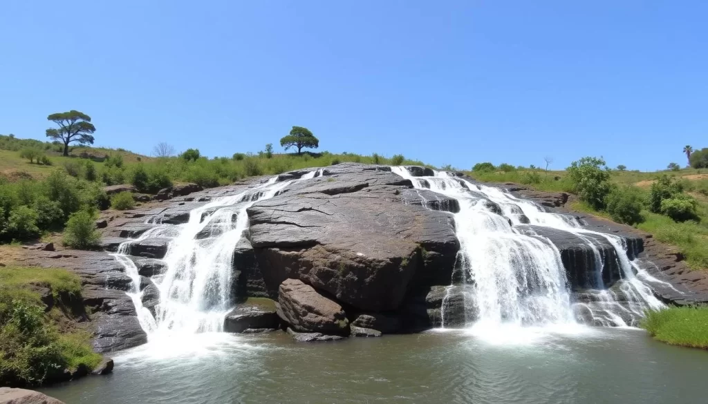 Generate an image of Kyamwilu Magical Corner, a site in Machakos where water appears to flow uphill.