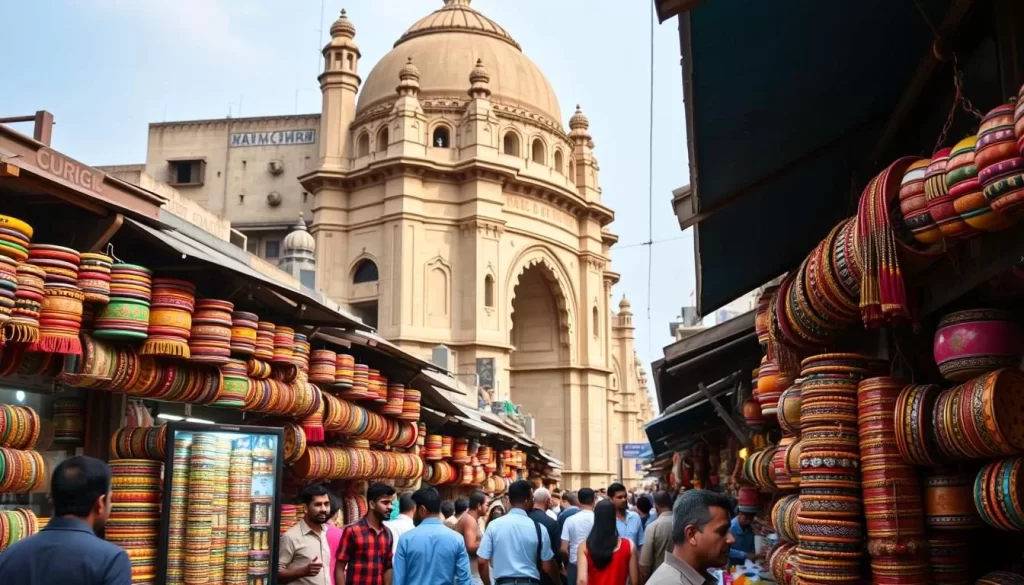 Generate an image of Laad Bazaar, a historic shopping street near Charminar famous for its dazzling collection of lacquer bangles.