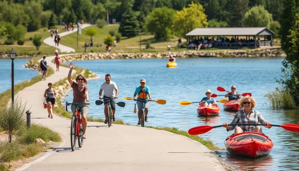 Generate an image of Lac de Warfaaz with people enjoying outdoor activities like walking, cycling, and paddling.